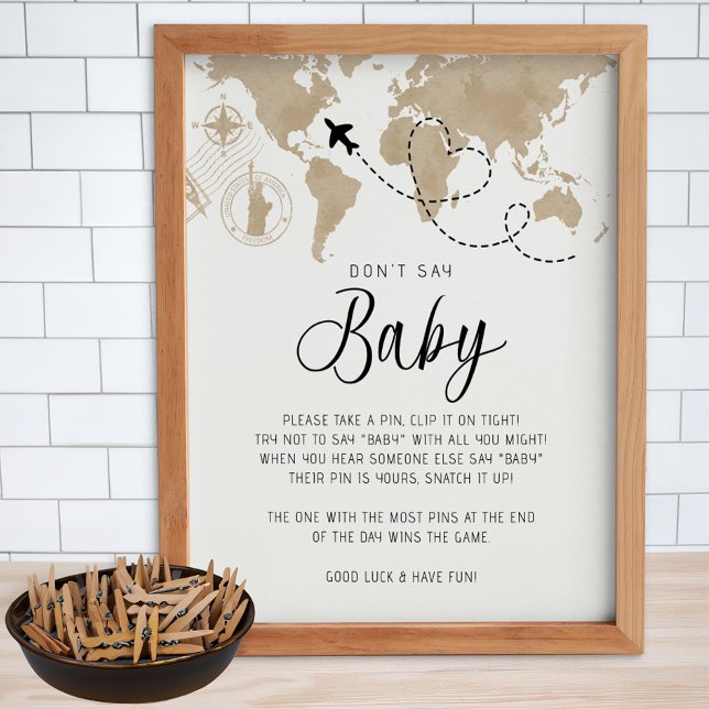 Póster Tema de viajes No digas Poster de juego para bebés (Don't Say Baby - Baby Shower Game)