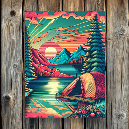 Póster Tema del camping Verde azulado y rosa de la época