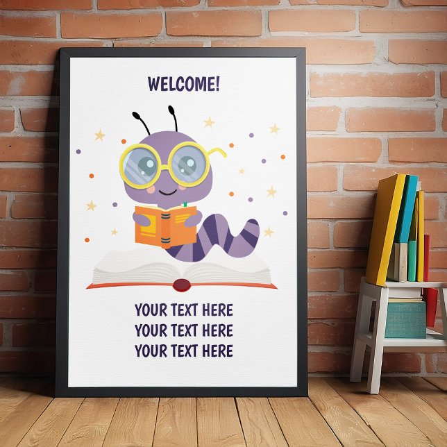Póster Tema del gusano de biblioteca púrpura (Perfect poster for school book event, book week, and to celebrate birthday and baby showers.)