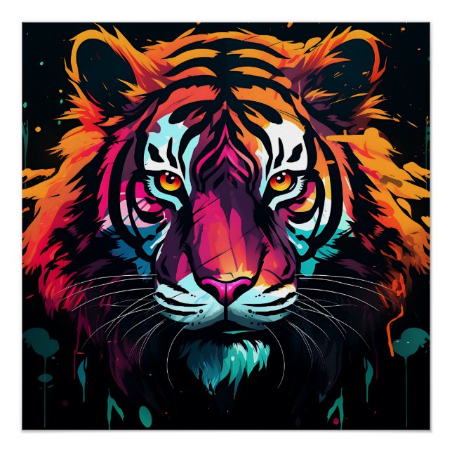 Póster Tema del tigre de color neón (Anverso)