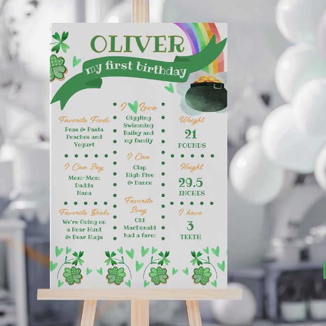 Póster Tema Irlandés Arcoíris Cumpleaños Primer Hito (First Birthday Milestone Poster with Lucky Irish St Patrick's theme by Darling & May)