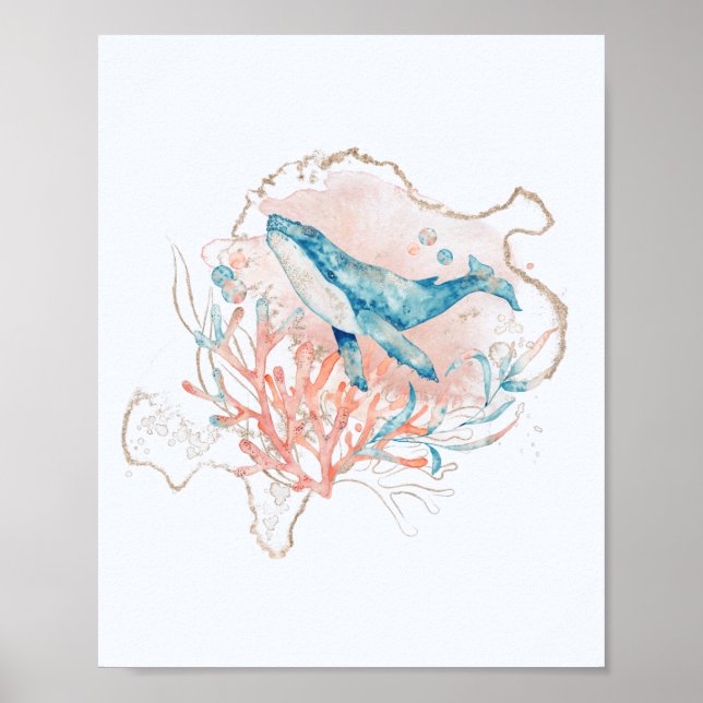Póster Tema Oceánico Agua Rosa y Azul Mar de ballena (Frente)