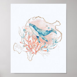Póster Tema Océano Ballena de Acuarela Rosa y Azul Mar