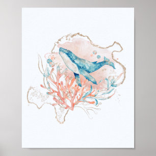 Póster Tema Océano Ballena de Acuarela Rosa y Azul Mar