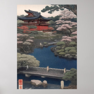 Póster Temple on the river - Japan