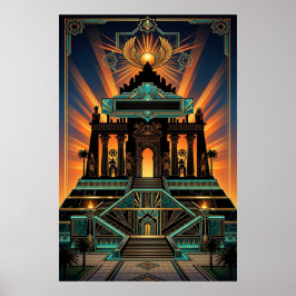 Póster Templo Art Déco Renacimiento Egipcio Oro y Turques