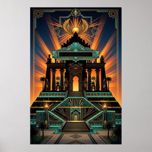 Póster Templo Art Déco Renacimiento Egipcio Oro y Turques