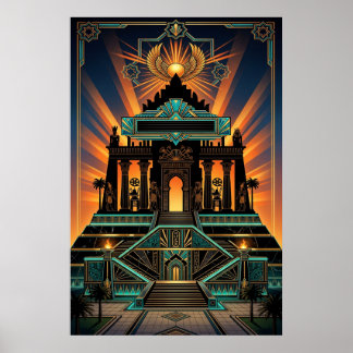 Póster Templo Art Déco Renacimiento Egipcio Oro y Turques