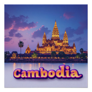 Póster Templo Camboyano Dorado al Anochecer