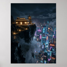 Póster Templo Cyberpunk sobre Ciudad Neon