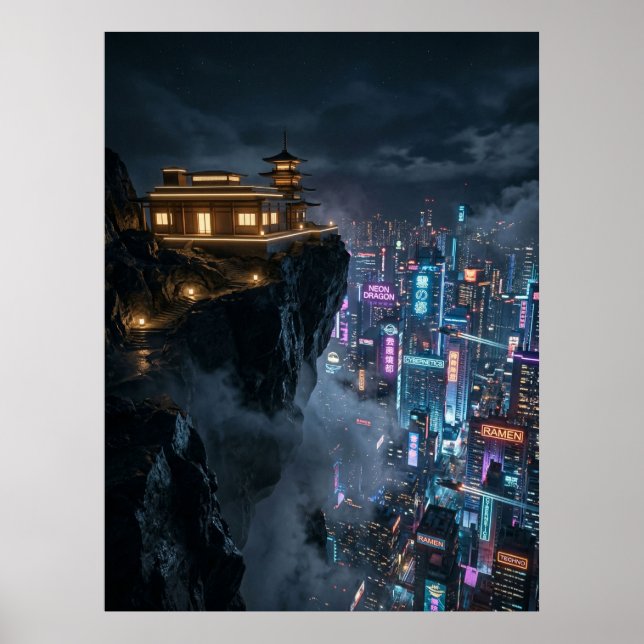 Póster Templo Cyberpunk sobre Ciudad Neon (Frente)