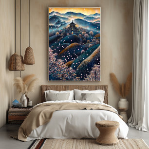 Póster Templo de la Flor de Cerezo en estilo puntillista