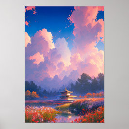 Póster Templo de madera y florecimiento colorido