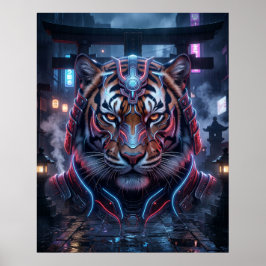 Póster Templo de Neón del Tigre Samurái