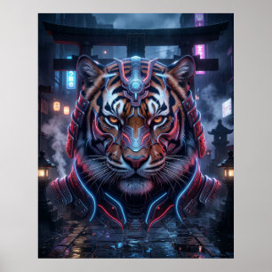 Póster Templo de Neón del Tigre Samurái