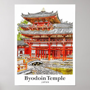Póster Templo de Obidún Japón mano acuarela de viaje dibu