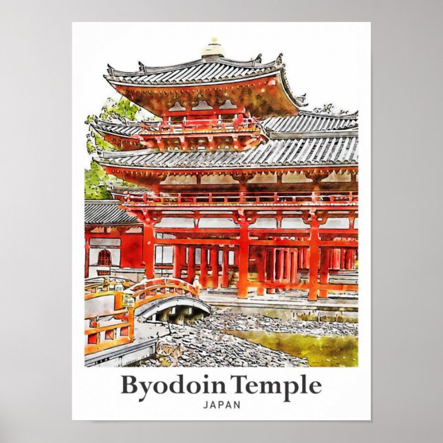 Póster Templo de Obidún Japón mano acuarela de viaje dibu (Frente)