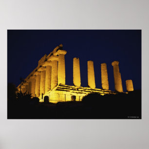 Póster Templo griego en la noche con amarillos y naranjas