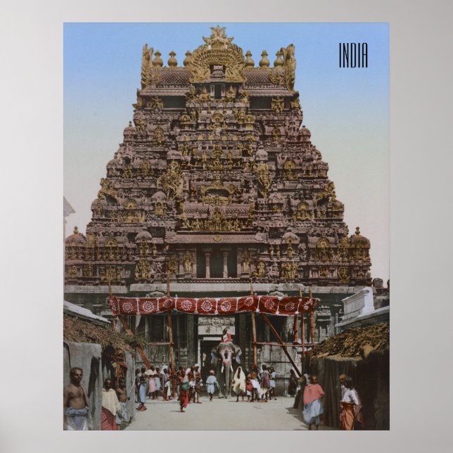 Póster Templo hindú en Madurai, India (1890) (Frente)