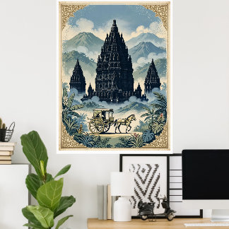 Póster Templo hindú vintage Prambanan Java Indonesia