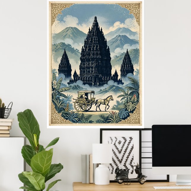 Póster Templo hindú vintage Prambanan Java Indonesia (Oficina en casa)
