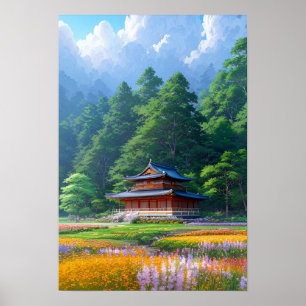 Póster Templo japonés al borde del bosque
