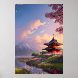 Póster Templo japonés de madera junto al río