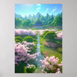 Póster Templo japonés en campo Sakura