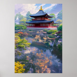 Póster Templo japonés, hermoso jardín