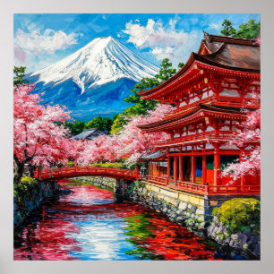 Póster Templo japonés tradicional con flor de cerezo
