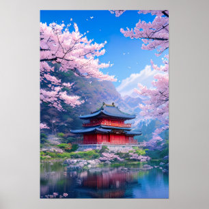 Póster Templo japonés tradicional junto al tranquilo lago
