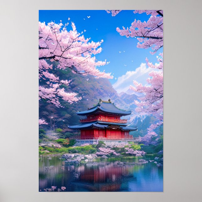 Póster Templo japonés tradicional junto al tranquilo lago (Frente)