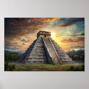 Póster Templo maya Chichén Itza en México al atardecer