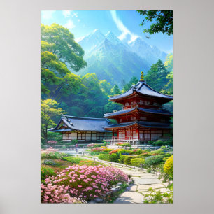 Póster Templo pacífico junto al bosque