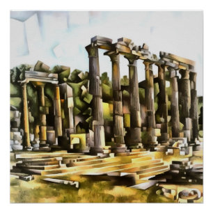 Póster Templo romano antiguo ruina arte de estilo geométr