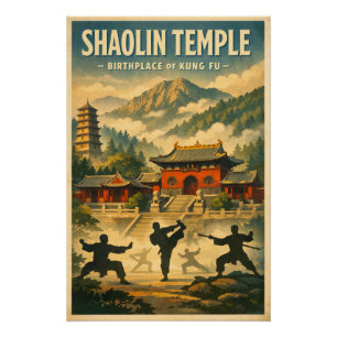 Póster Templo Shaolin, China, en un clásico estilo retro