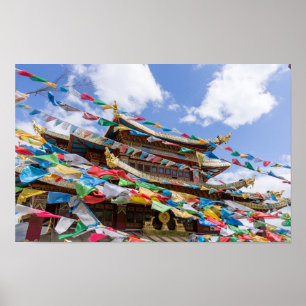 Póster Templo tibetano con banderas de oración - Yunnan,