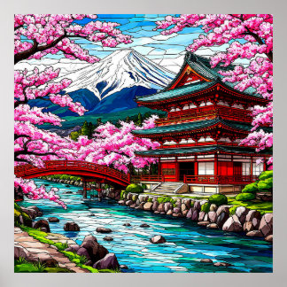 Póster Templo tradicional japonés y puente