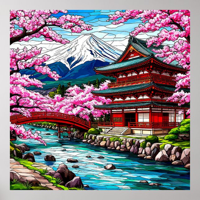 Póster Templo tradicional japonés y puente (Frente)