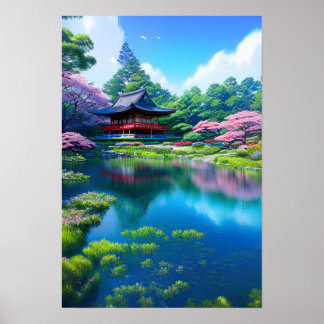 Póster Templo tradicional junto al lago