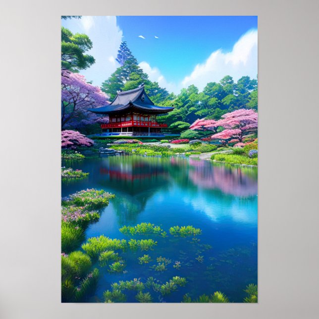 Póster Templo tradicional junto al lago (Frente)