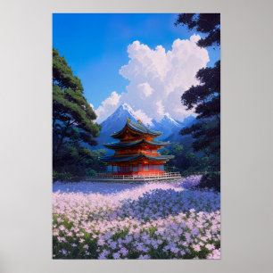 Póster Templo tranquilo en el campo de las flores