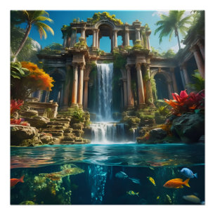 Póster Templo Tropical Waterfall Lake of Fish