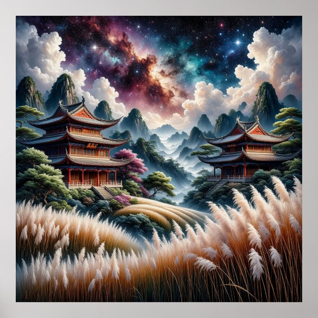 Póster Templos asiáticos contra un cielo estrepitoso (Frente)