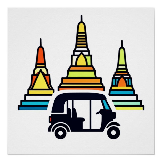 Póster Templos tailandeses y tuk tuks (Anverso)