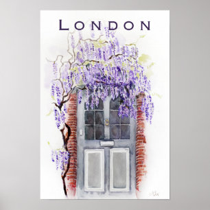 Póster Temporada de glicinas en Londres puerta gris acuar
