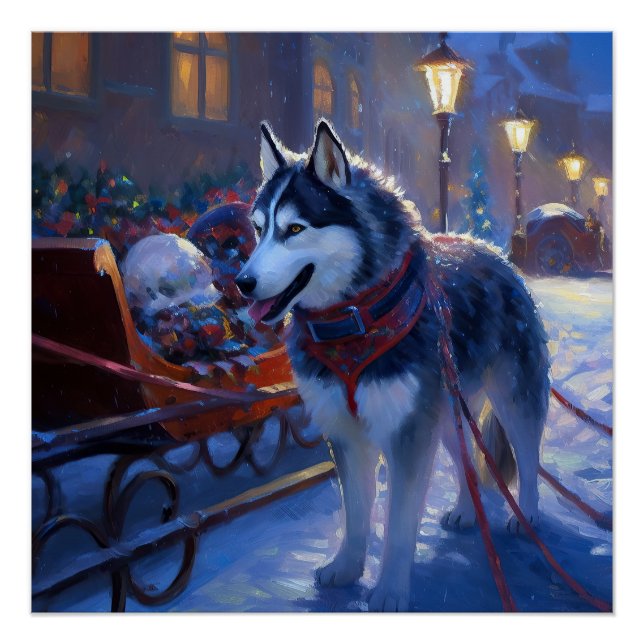 Póster Temporada festiva de los Navidades Husky siberiano (Anverso)
