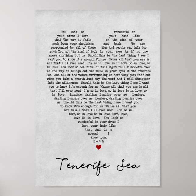 Póster Tenerife Sea Gray Heart Song Lyric Wall Art Print (Frente)