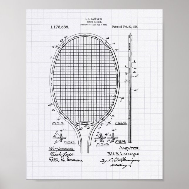 Póster Tenis racket 1916 Patent Art - Lined Peper (Frente)