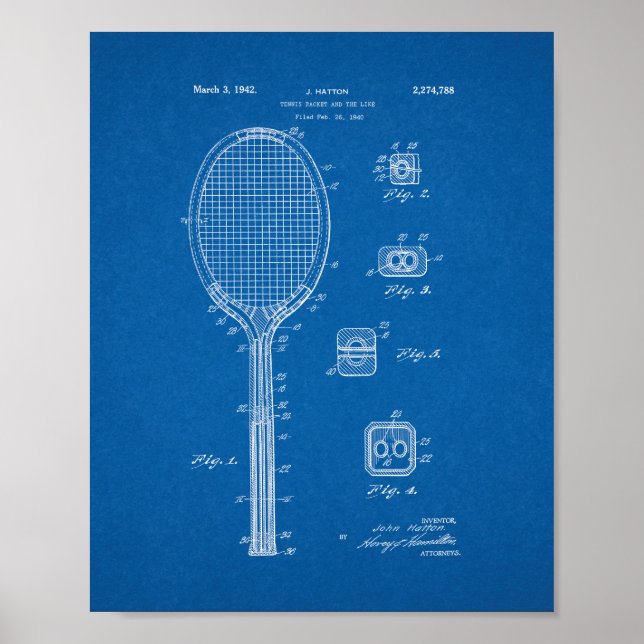 Póster Tenis Racket Y Similares Patentes - Blueprint (Frente)